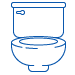 Simple blue line drawing of a toilet with a tank, bowl, and flush handle, viewed from the front.