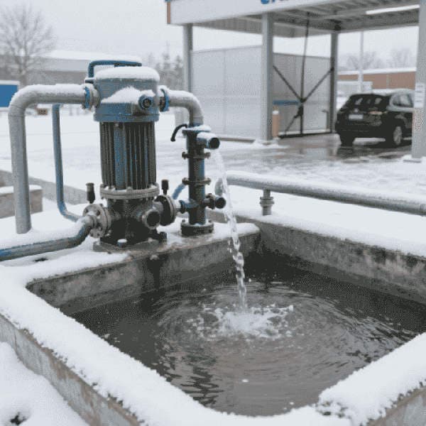 A water pump, used for car wash pit pumping, dispenses water into a concrete basin outdoors on a snowy day, with a parked car and building in the background.