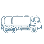 Line drawing of a side view of a large industrial truck with a cylindrical tank on its back, likely a tanker or sewage truck.