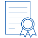 Blue outline icon of a certificate with horizontal lines representing text and a round ribbon seal at the bottom right corner.
