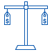 A blue outline of a balance scale with price tags showing dollar signs hanging from each side, symbolizing price comparison or balancing costs.