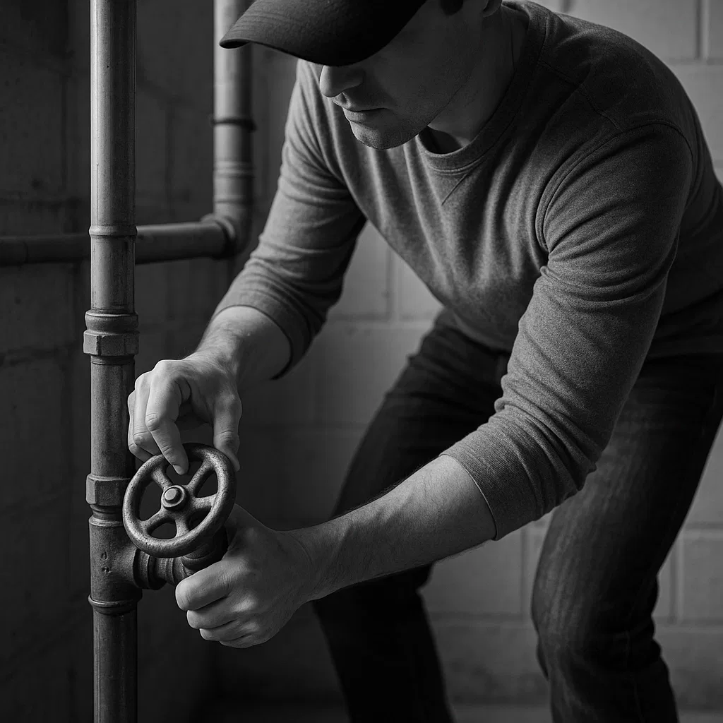 A person wearing a cap and long-sleeve shirt turns a valve on a metal pipe in an industrial setting, ready to tackle any drain emergency with the 24/7 action plan from Drain King.