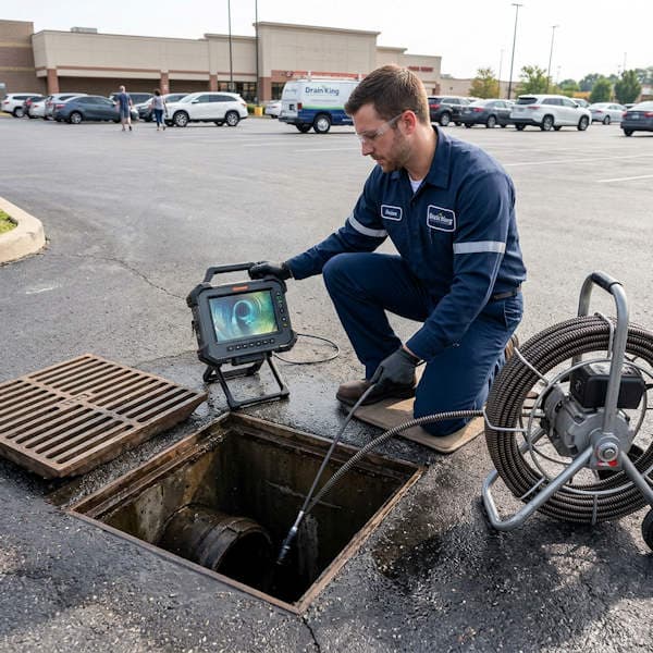 A worker in uniform uses a video inspection camera to examine the inside of a storm drain in a parking lot as part of routine stormwater inspections for compliance and safety.