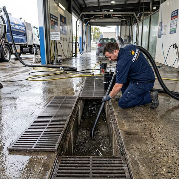 A worker in blue coveralls uses a hose to clean a sand trap in a drainage trench at an industrial facility, performing maintenance with wet floors and equipment visible in the background.