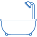 Simple blue outline illustration of a bathtub with a showerhead attached on the right side.