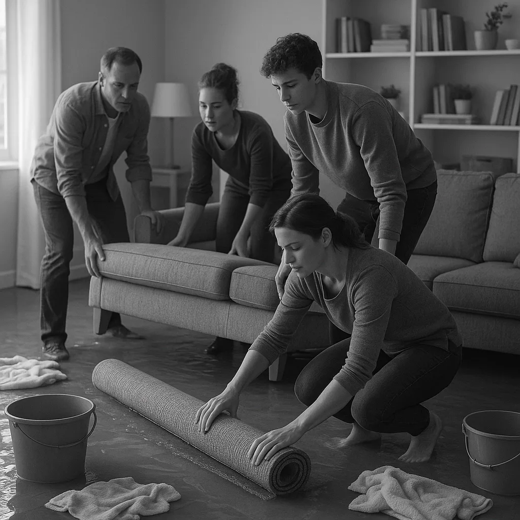 Four people roll up a wet carpet in a flooded living room, surrounded by towels and buckets—Drain King delivers a 24/7 action plan for any drain emergency.