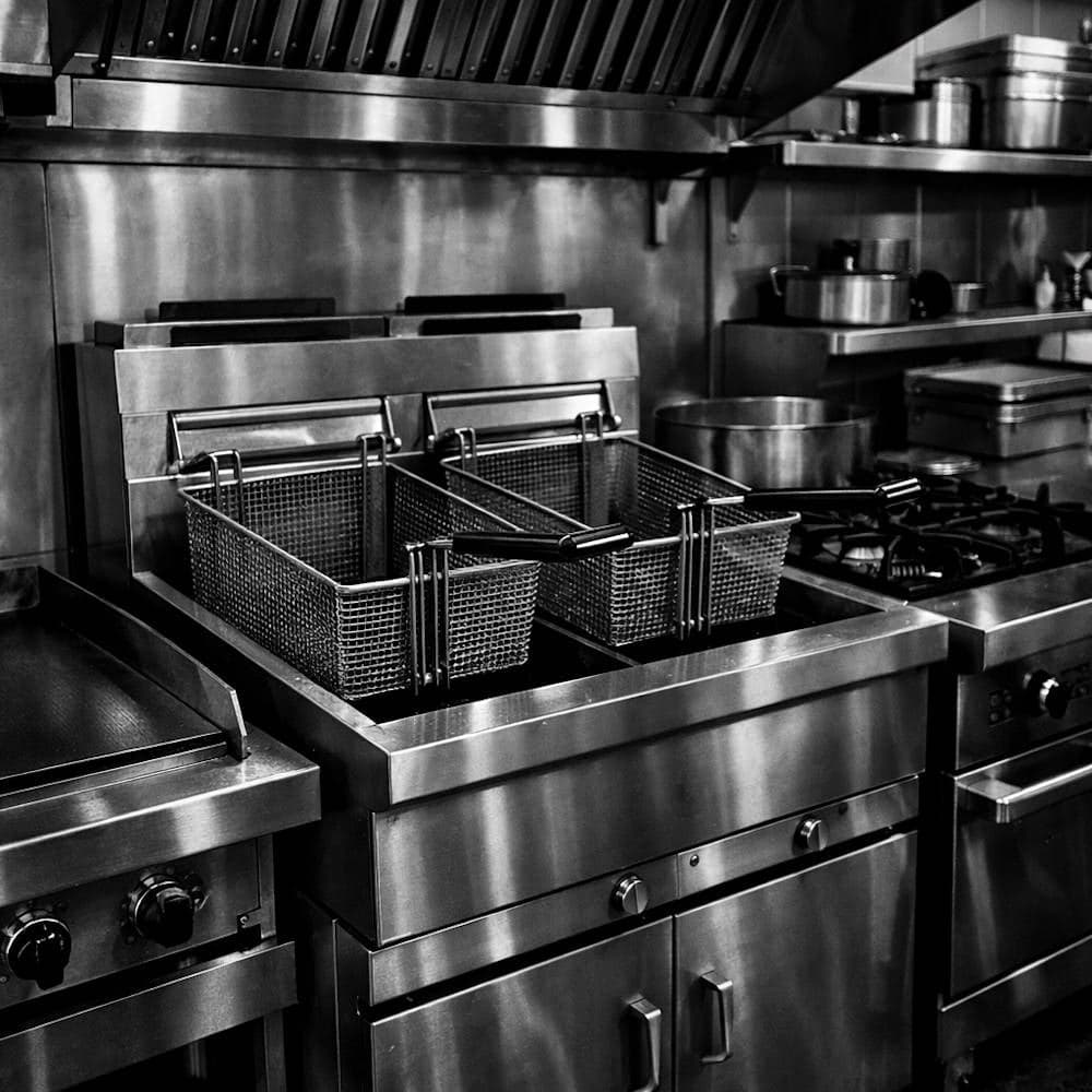 Restaurant deep fryer station used in commercial kitchen grease recycling and grease trap maintenance.