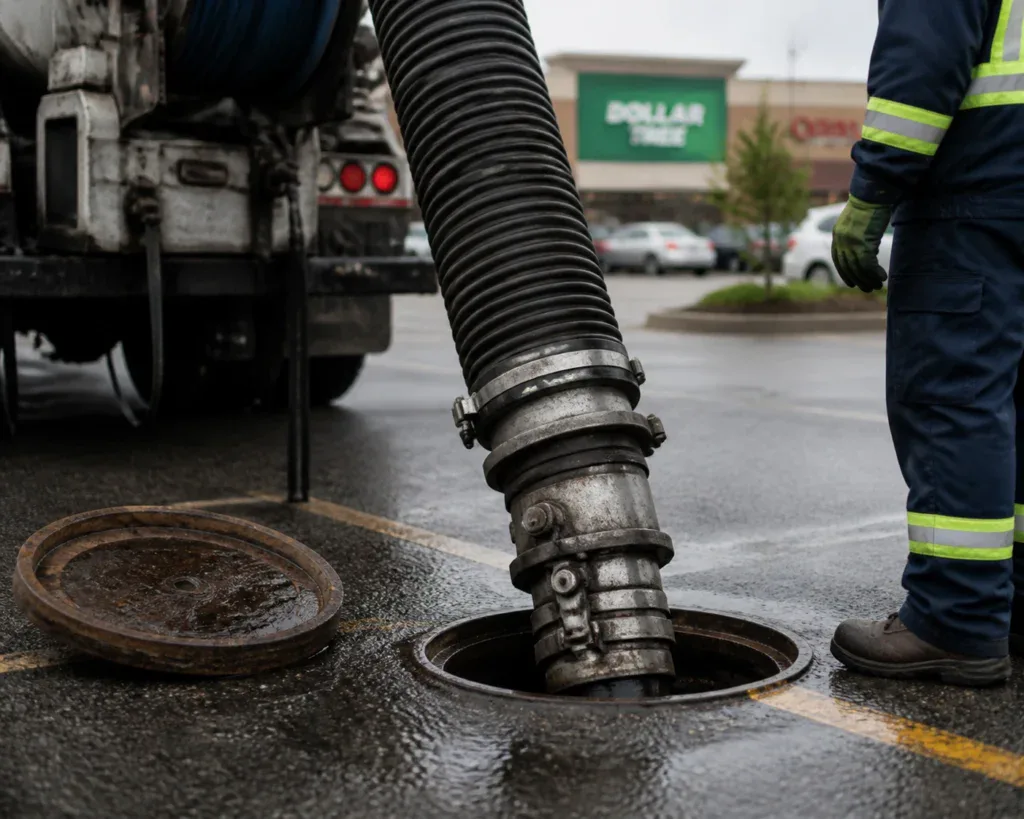 A worker operates a large vacuum hose connected to a truck, cleaning out a manhole in a parking lot near retail stores—helping prevent slow drains and strange smells caused by debris buildup.