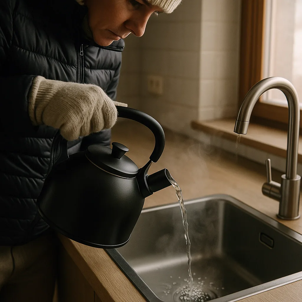 Wearing gloves, a person pours hot water from a black kettle into a kitchen sink near a faucet—steam rising from the water—a common step in what to do when dealing with frozen drain lines before calling emergency service.