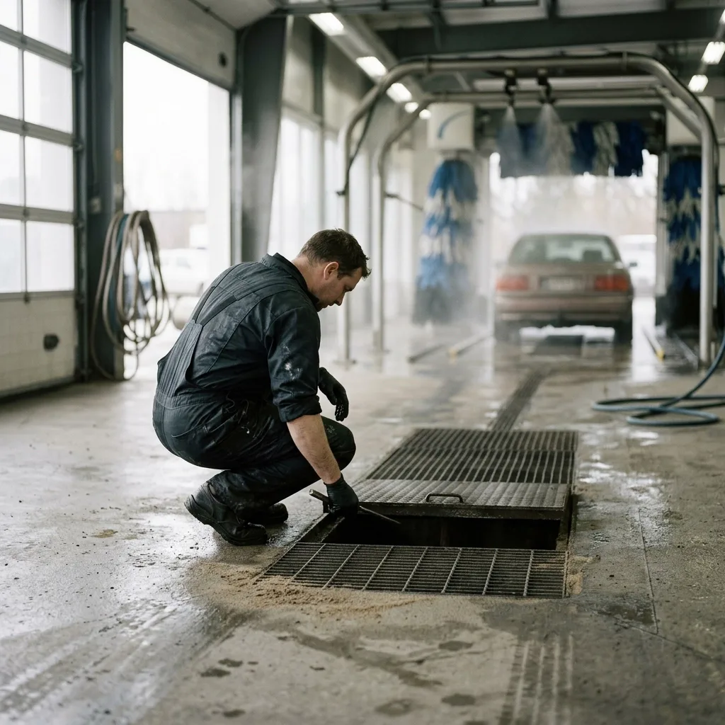 A person in work overalls and gloves kneels to inspect or clean a grate in the floor of a car wash bay, with a car waiting in the background.