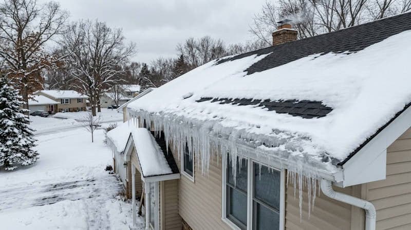 A house with a snow-covered roof and large icicles hinting at possible ice dams hanging from the eaves on a cloudy winter day; snow blankets the yard and surrounding neighborhood.