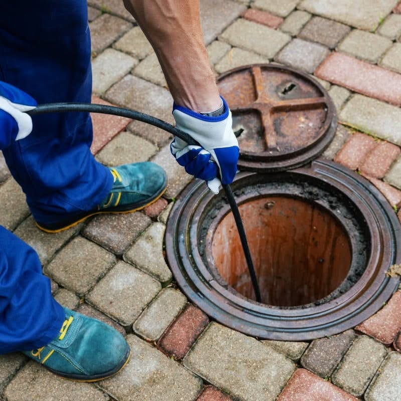 Person wearing gloves and blue work clothes performing a sewer inspection, cleaning a drain with a cable on a paved surface.