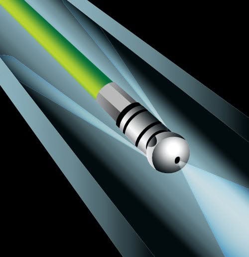 Illustration of a sewer jetter nozzle spraying water in multiple directions, cleaning the inside of a pipe, ideal for those looking to purchase home main sewer line televising equipment.