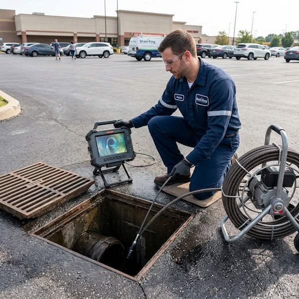 A worker in uniform uses a video inspection camera to examine the inside of a storm drain in a parking lot as part of routine stormwater inspections for compliance and safety.